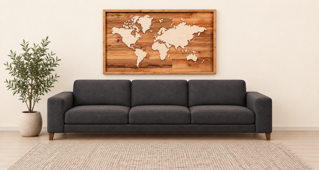 Wood Light Art world map above a charcoal sofa with a rug and indoor plant